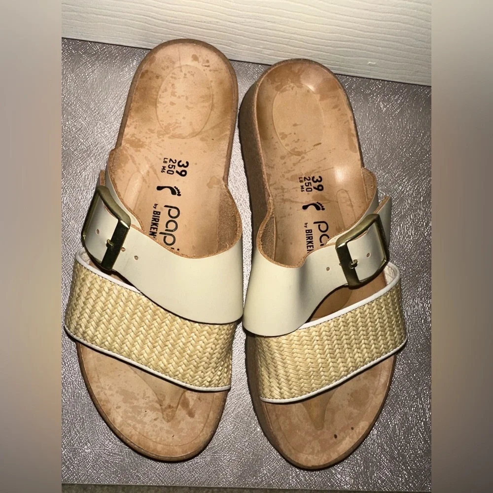 Birkenstock papillio Women's Cream and woven Two-Strap Slide Sandals 39